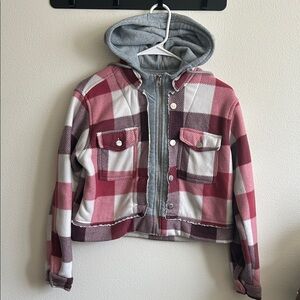 Helium London Plaid Fleece Jacket in Pink/Purple/White Cropped Full Zip Hoodie.S